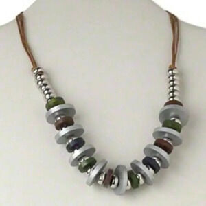 Mid Century Style Silver Brown Multi Wood Disc Statement Necklace